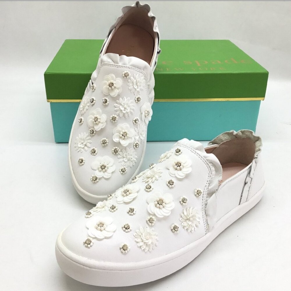 Kate Spade NEW Sneakers Embellished Leather Slip-on White Women's 9.5 NIB